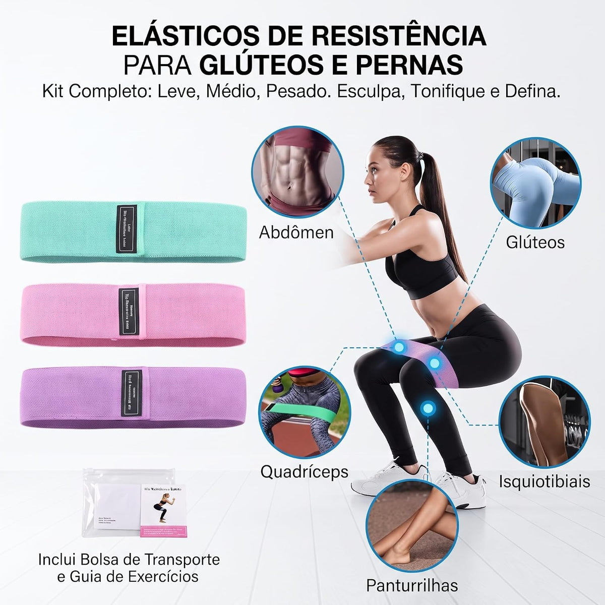 Kit 3 Hip Bands de Tecido - 3 Niveis de Resistencia